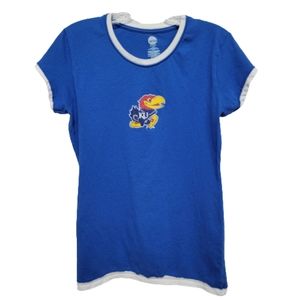 KU Jayhawks Short Sleeve T-shirt, Glitter Jayhawk, Blue, NCAA Size Large
